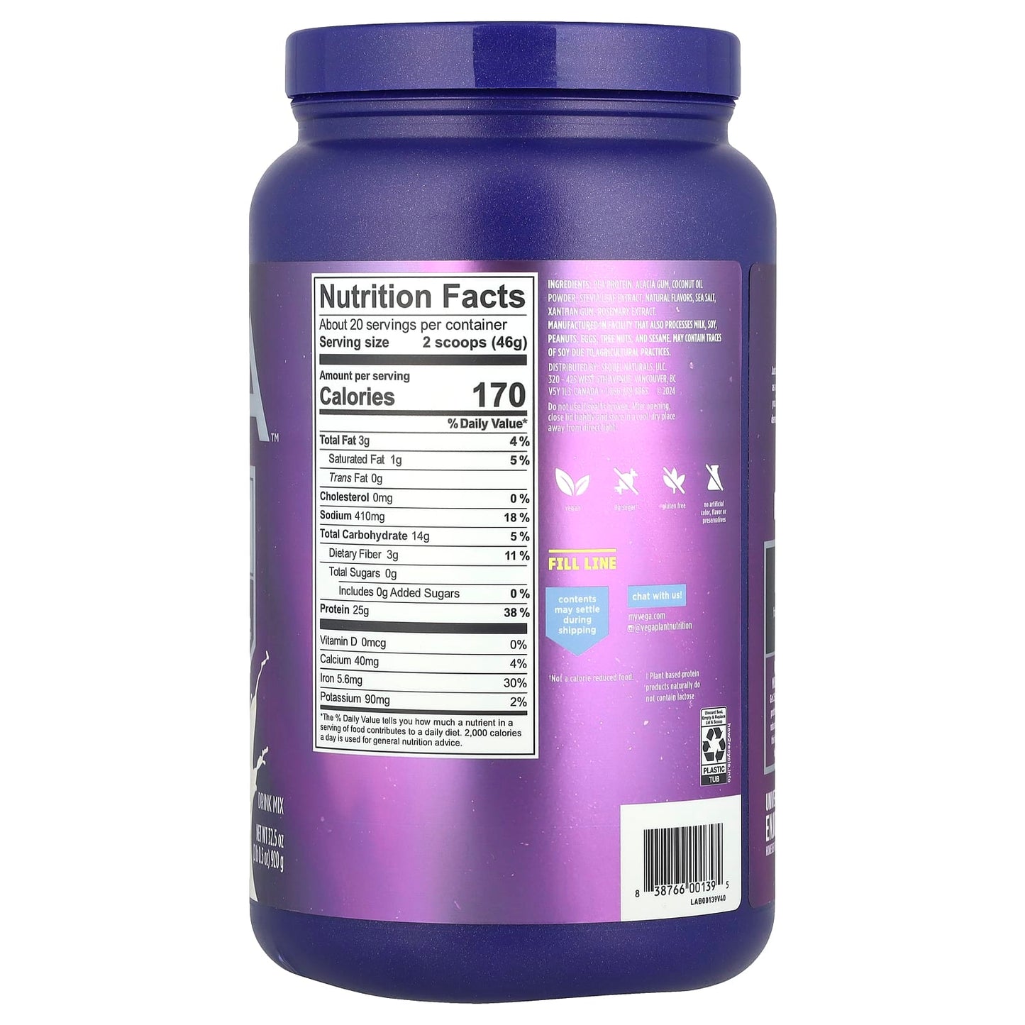 Vega, Essential Plant-Based Protein, Creamy Vanilla, 2 lb 0.5 oz (920 g) - Image 2