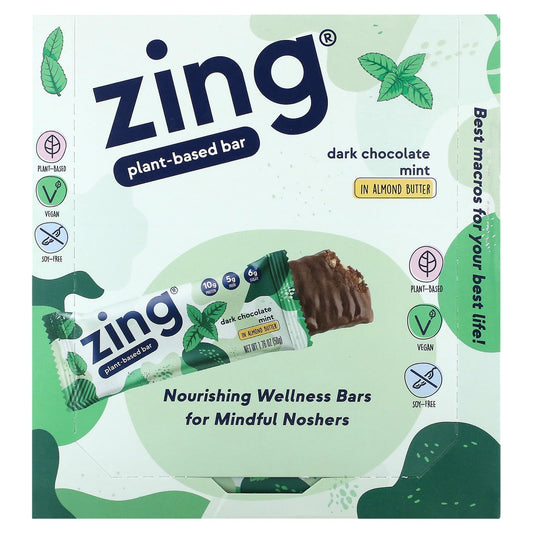 Zing Bars, Plant-Based Bar, Dark Chocolate Mint In Almond Butter, 12 Bars, 1.76 oz (50 g) Each - Image 1