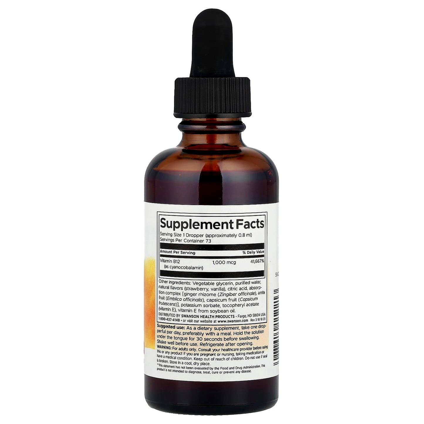 Swanson, B12 Cyanocobalamin Liquid, Strawberry, 2 fl oz (59 ml) (1,000 mcg per Serving) - Image 2