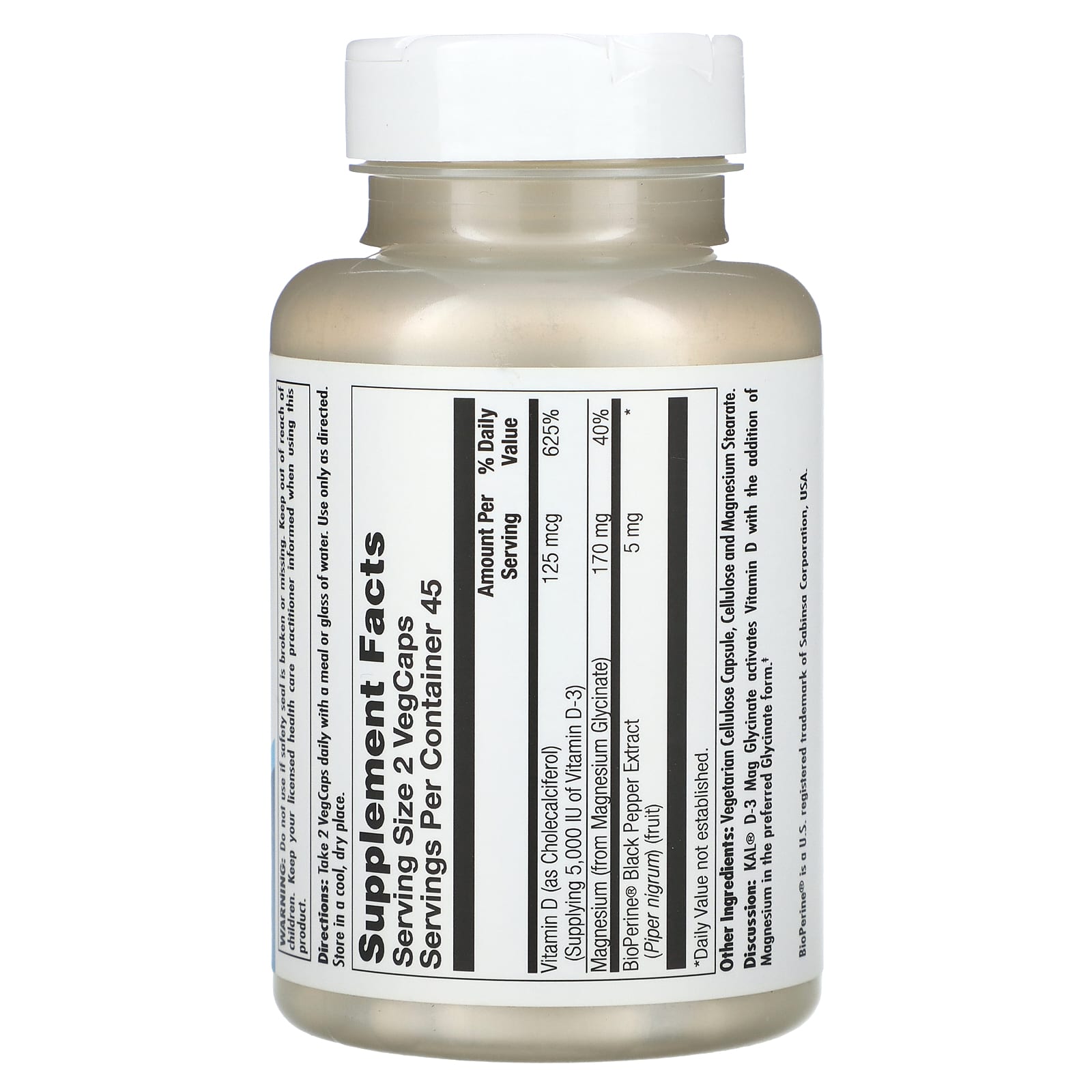 KAL Vitamin D3 Magnesium Glycinate Supplement, 90 VegCaps - Image 2