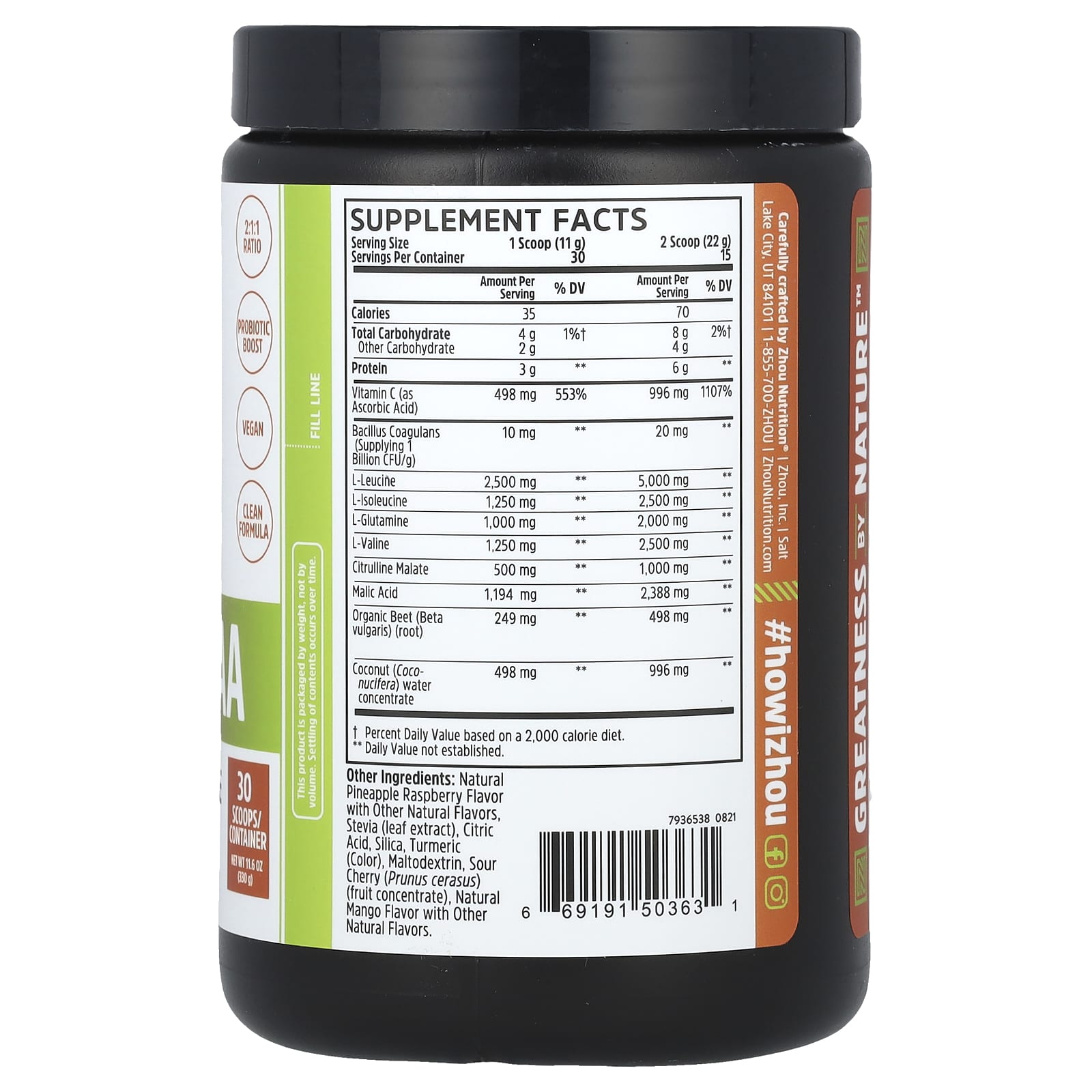 Zhou Nutrition, Muscle BCAA, Maximum Muscle Formula, Tropical Punch, 11.6 oz (330 g) - Image 2