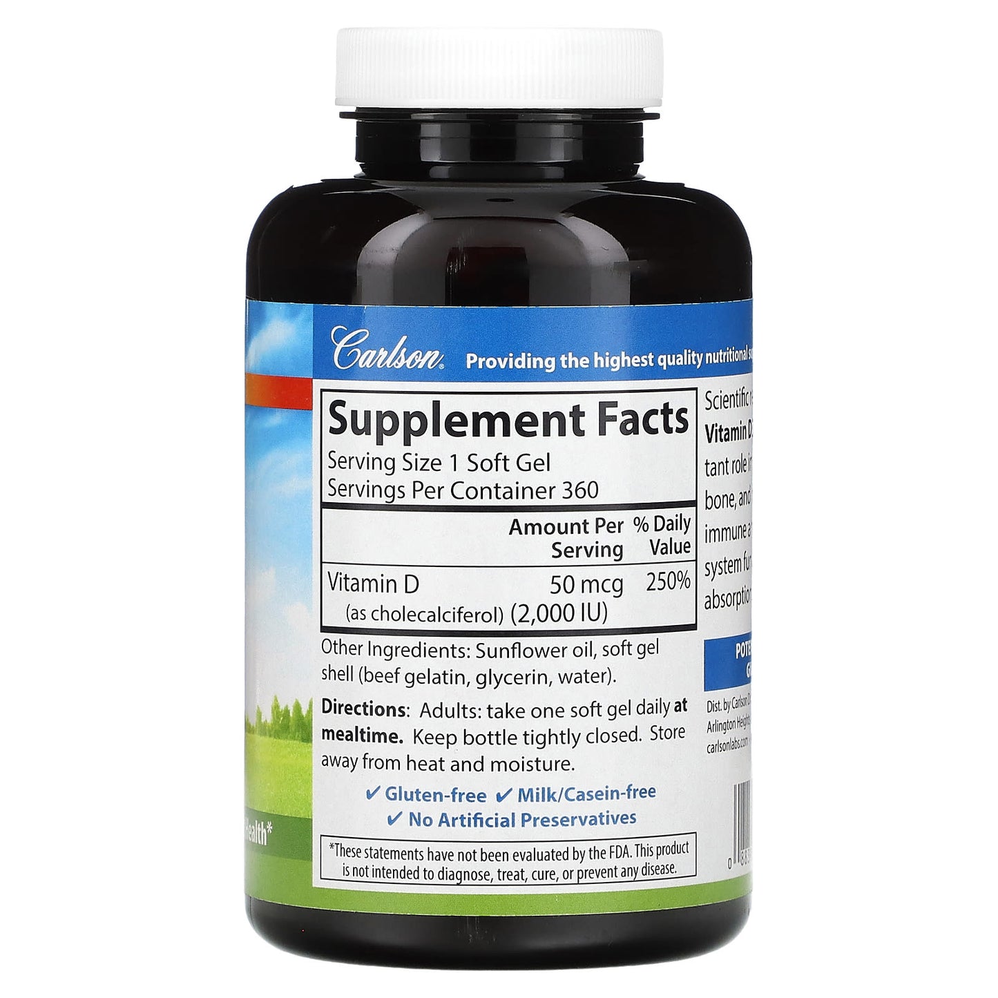 Carlson Vitamin D3 Supplement, 50 mcg (2,000 IU), 360 Soft Gels - Image 2