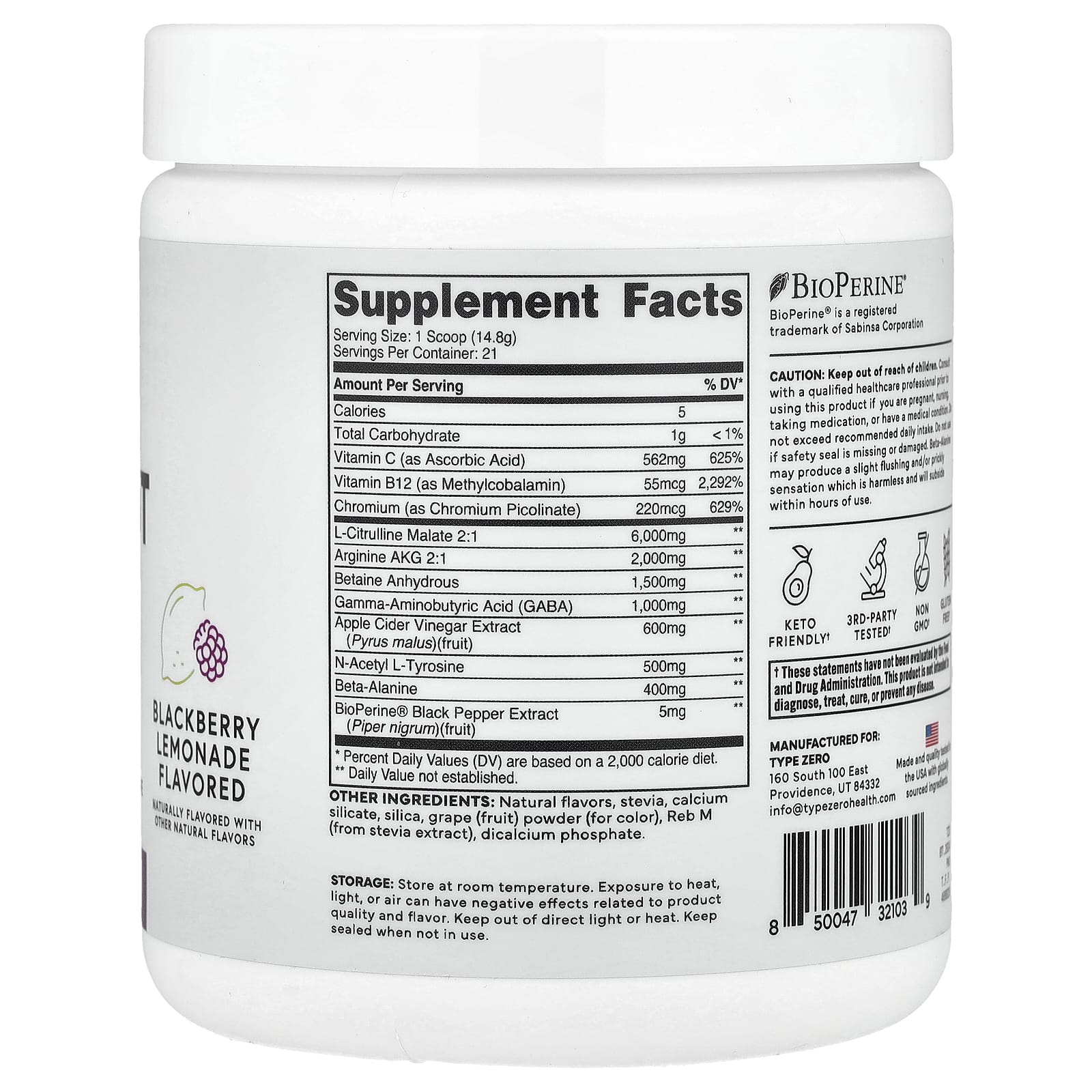 TypeZero, Clean Pre Workout, Stim-Free, Blackberry Lemonade, 11.1 oz (311 g) - Image 2