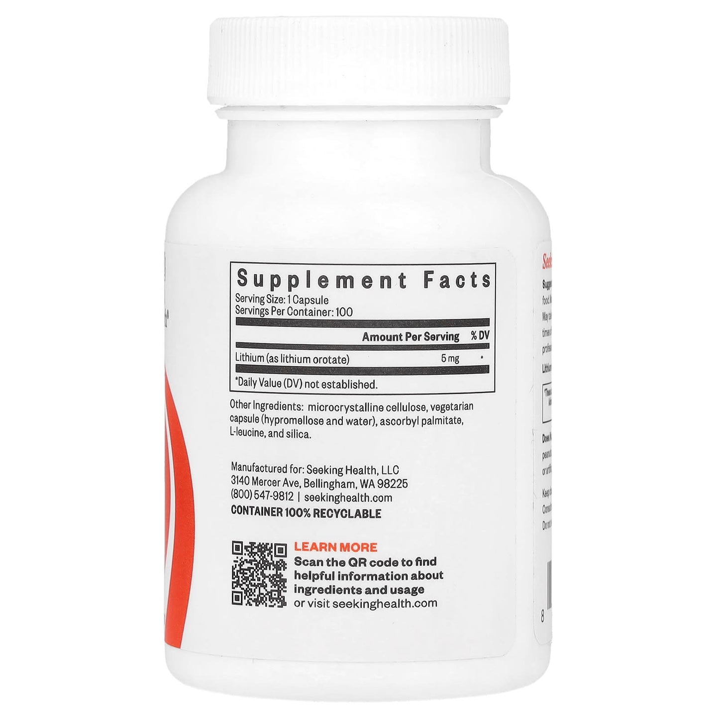 Seeking Health, Lithium Orotate, 5 mg, 100 Vegetarian Capsules - Image 2