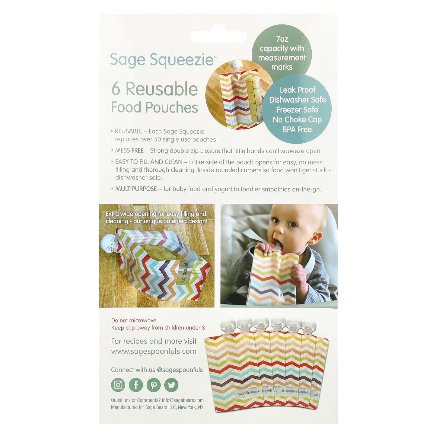 Sage Spoonfuls, Reusable Food Pouches, 4+ Months, 6 Pack, 7 oz (210 ml) Each - Image 2