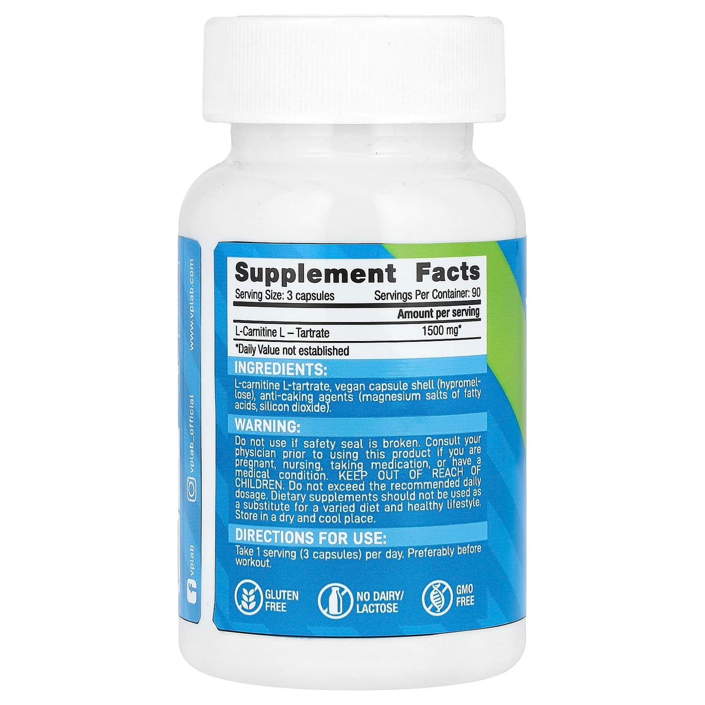 Vplab, L-Carnitine, 90 Capsules (500 mg per Capsule) - Image 2