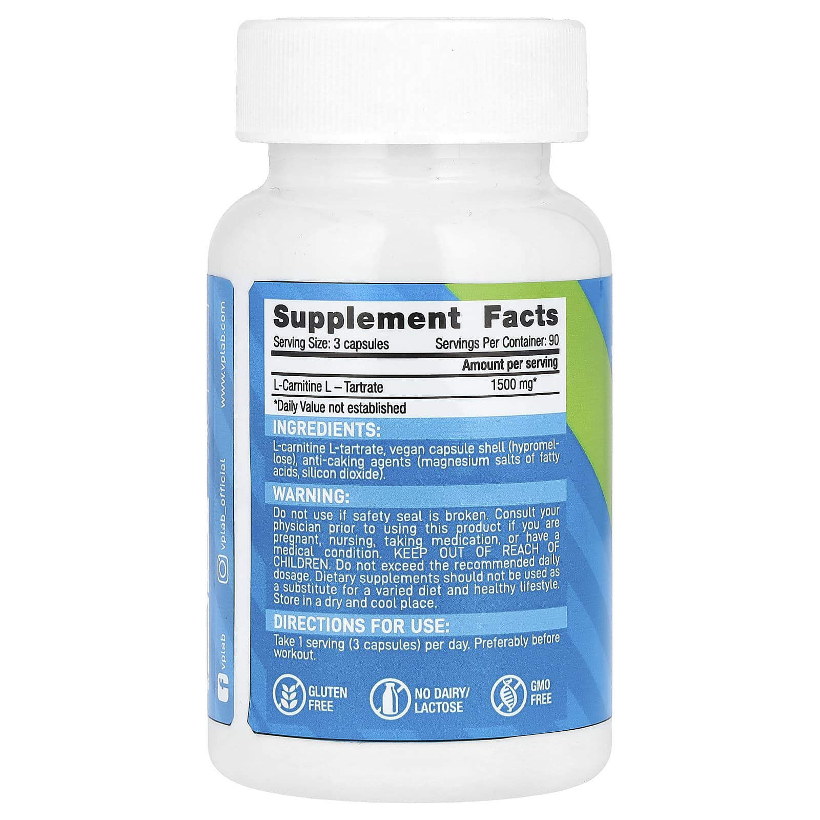 Vplab, L-Carnitine, 90 Capsules (500 mg per Capsule) - Image 2
