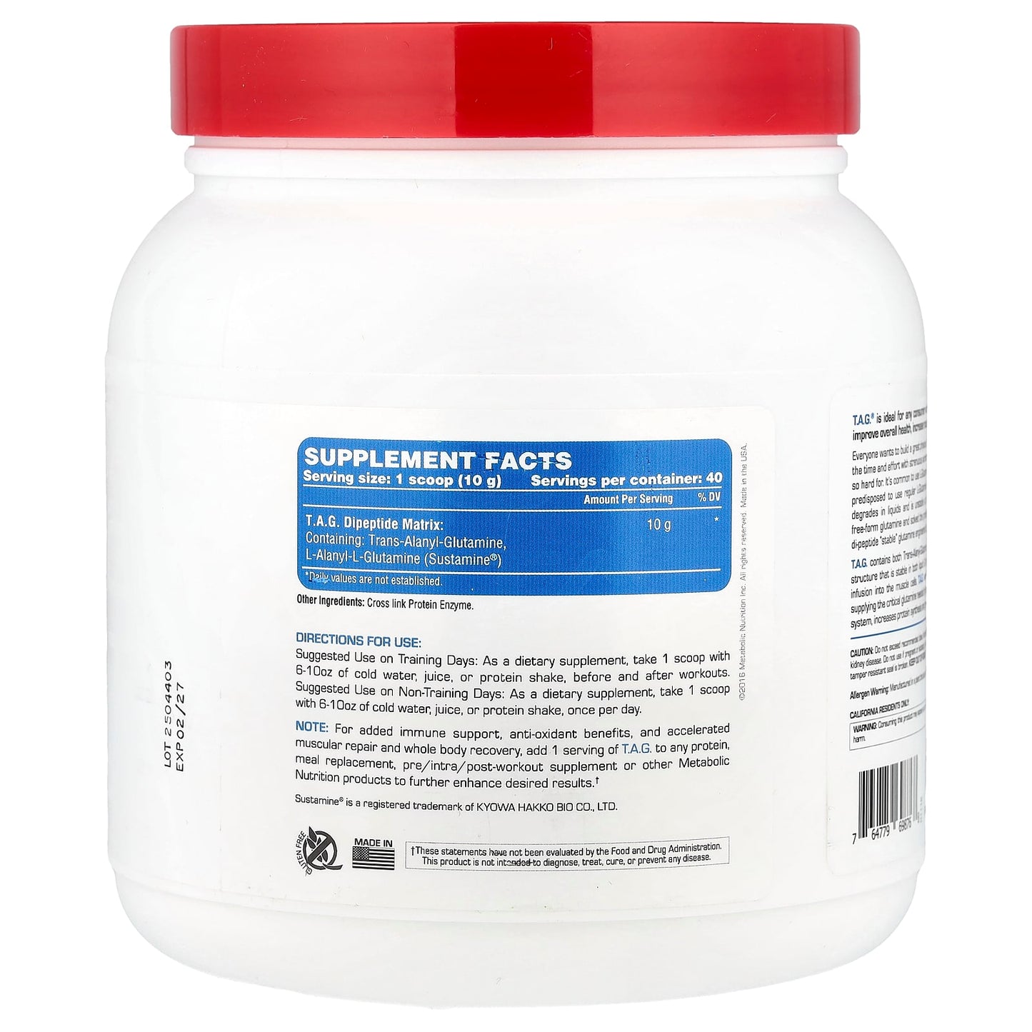 Metabolic Nutrition, T.A.G., Unflavored, 400 g - Image 2