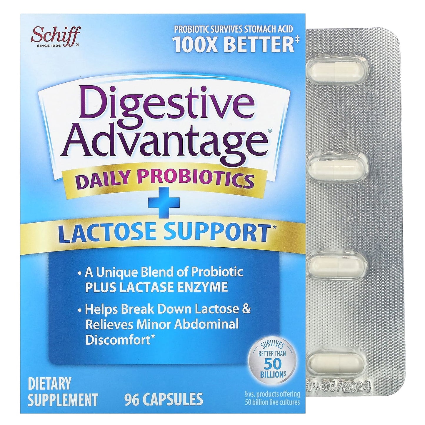 Schiff, Digestive Advantage, Daily Probiotics + Lactose Support, 96 Capsules - Image 1
