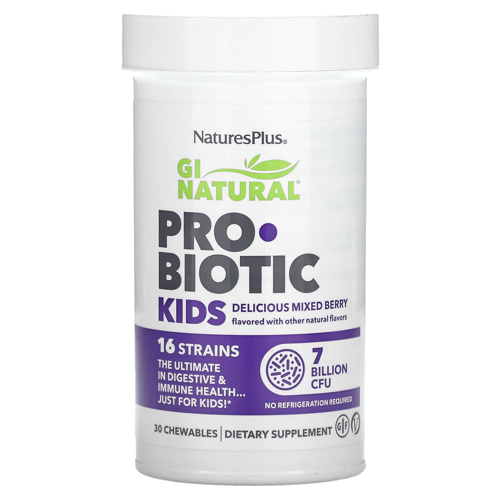NaturesPlus, GI Natural Probiotic Kids, Delicious Mixed Berry , 7 Billion CFU, 30 Chewables - Image 1