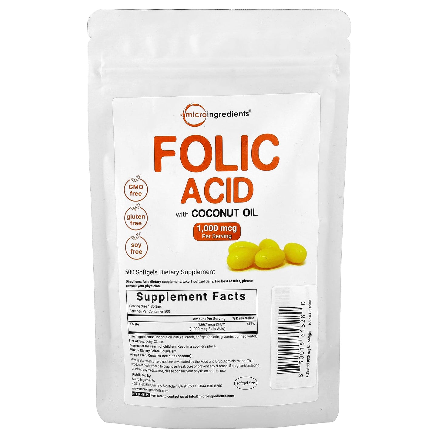 Micro Ingredients, Folic Acid, 1,000 mcg, 500 Softgels - Image 1