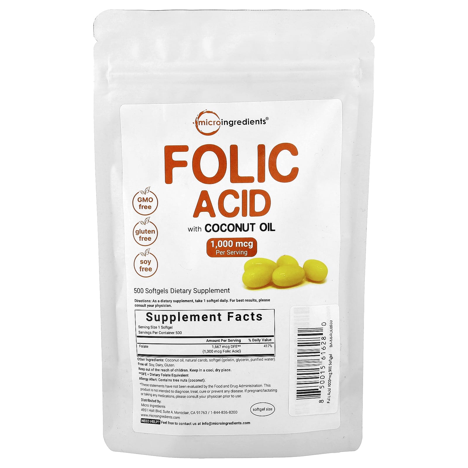 Micro Ingredients, Folic Acid, 1,000 mcg, 500 Softgels - Image 1