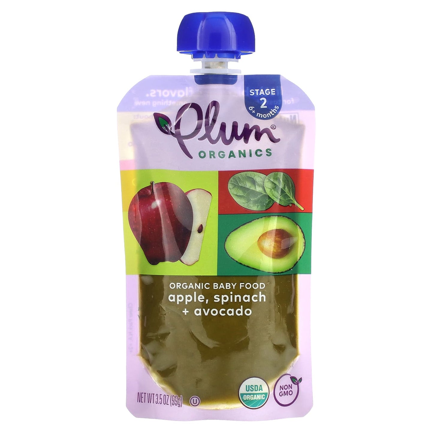 Plum Organics, Organic Baby Food, 6+ Months, Apple, Spinach + Avocado, 3.5 oz (99 g) - Image 1