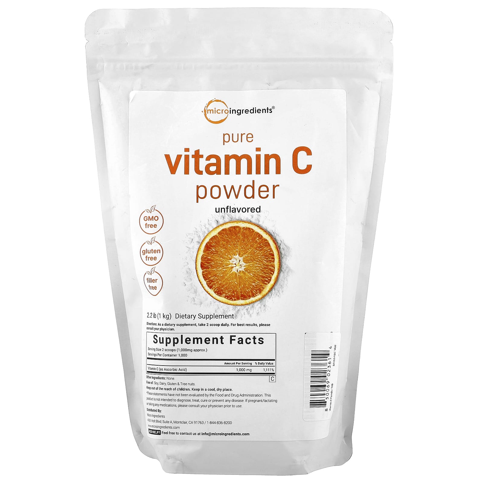 Micro Ingredients, Pure Vitamin C Powder, Unflavored , 2.2 lbs (1 kg) - Image 1