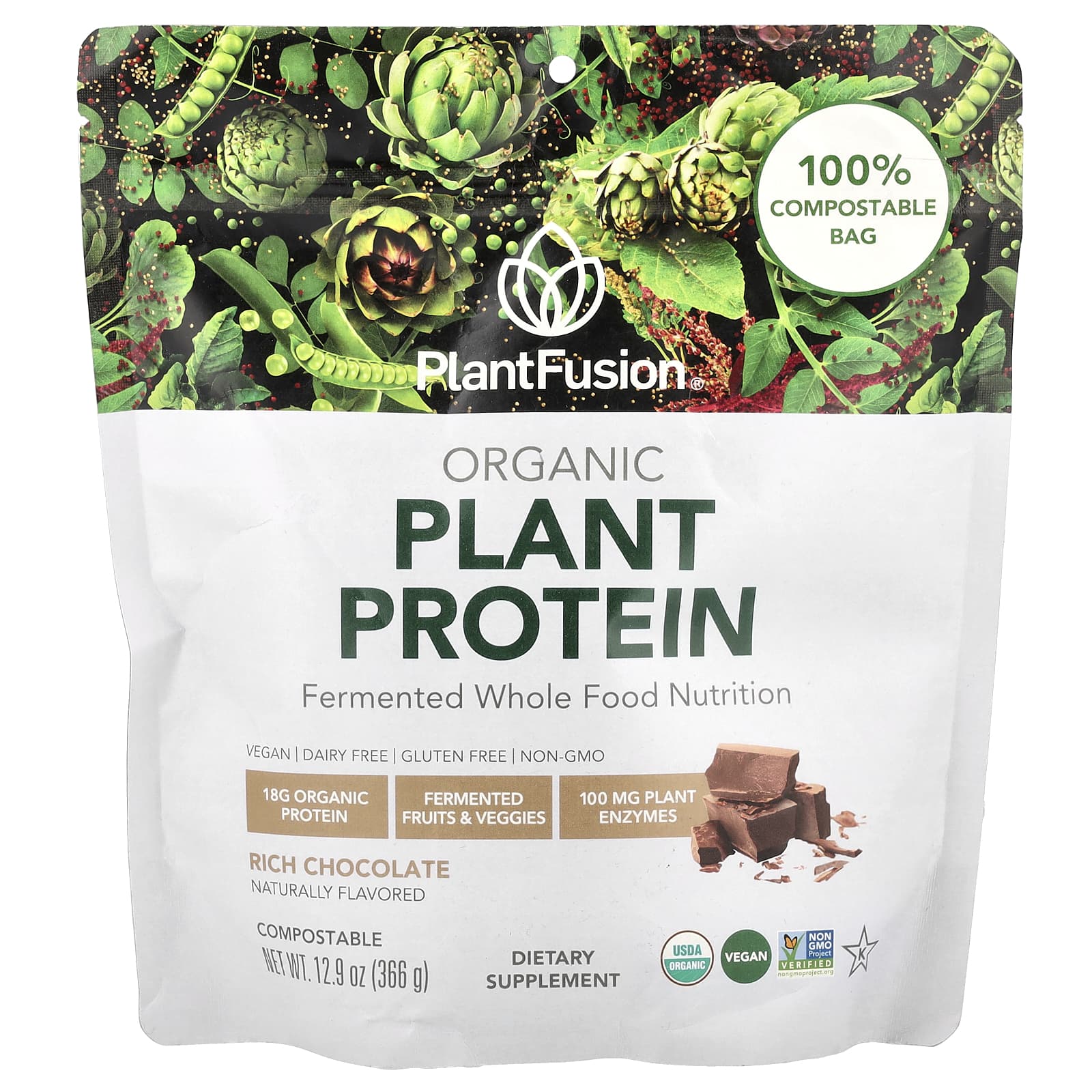 PlantFusion, Organic Plant Protein, Rich Chocolate, 12.9 oz (366 g) - Image 1