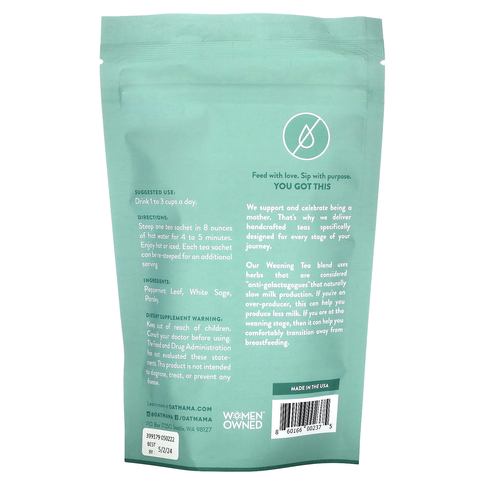 Oat Mama, Weaning Tea, Peppermint, Caffeine Free, 14 Sachets, 32 g - Image 2