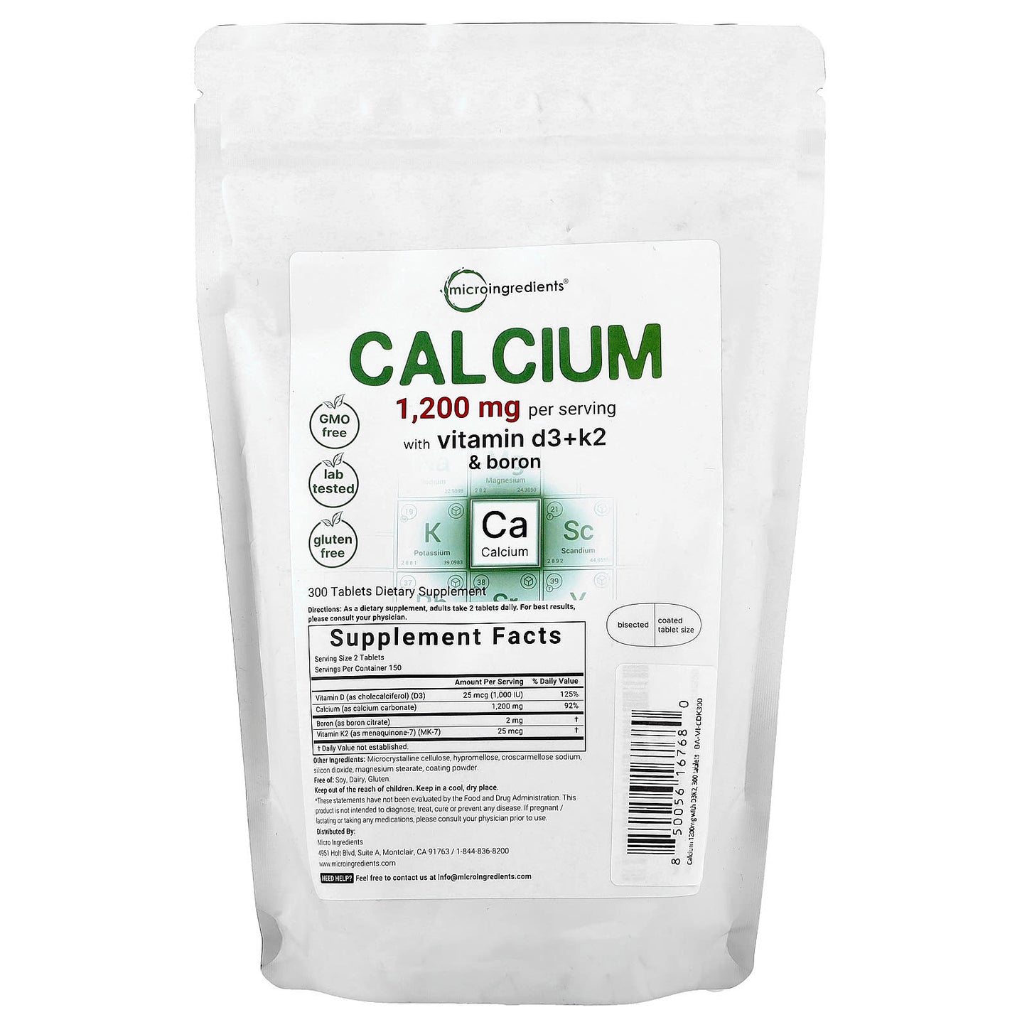 Micro Ingredients, Calcium with Vitamin D3 + K2 & Boron, 300 Tablets - Image 1