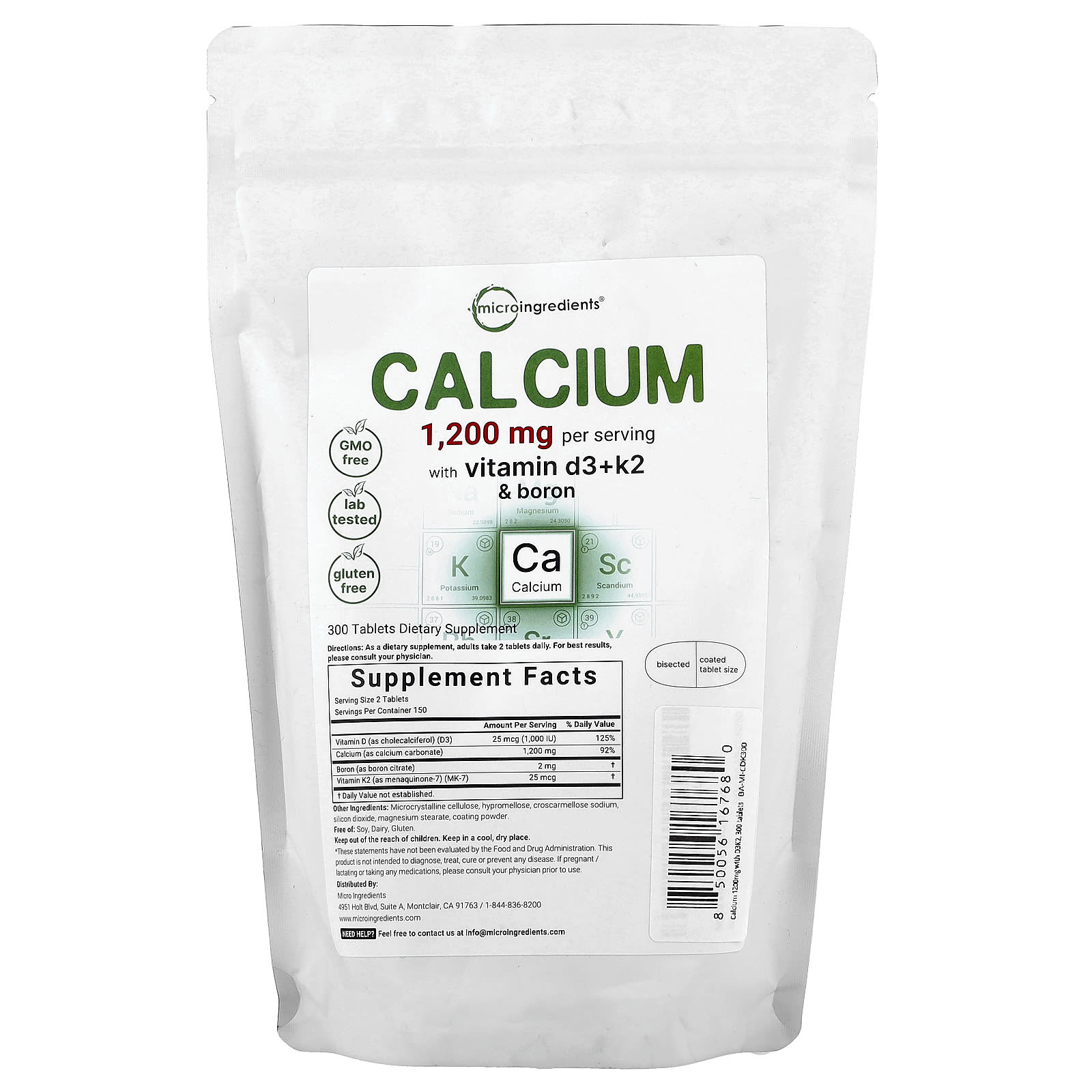 Micro Ingredients, Calcium with Vitamin D3 + K2 & Boron, 300 Tablets - Image 1