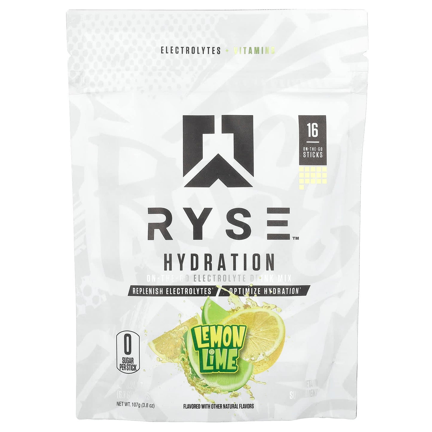 RYSE, Hydration, On-The-Go Electrolyte Drink Mix, Lemon Lime, 16 Sticks, 0.24 oz (6.7 g) Each - Image 1