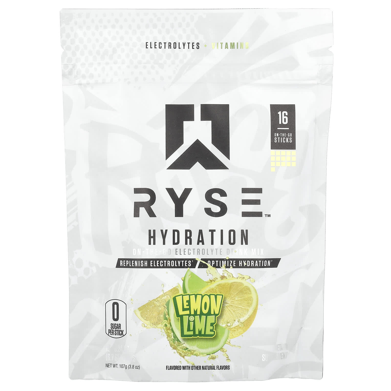 RYSE, Hydration, On-The-Go Electrolyte Drink Mix, Lemon Lime, 16 Sticks, 0.24 oz (6.7 g) Each - Image 1