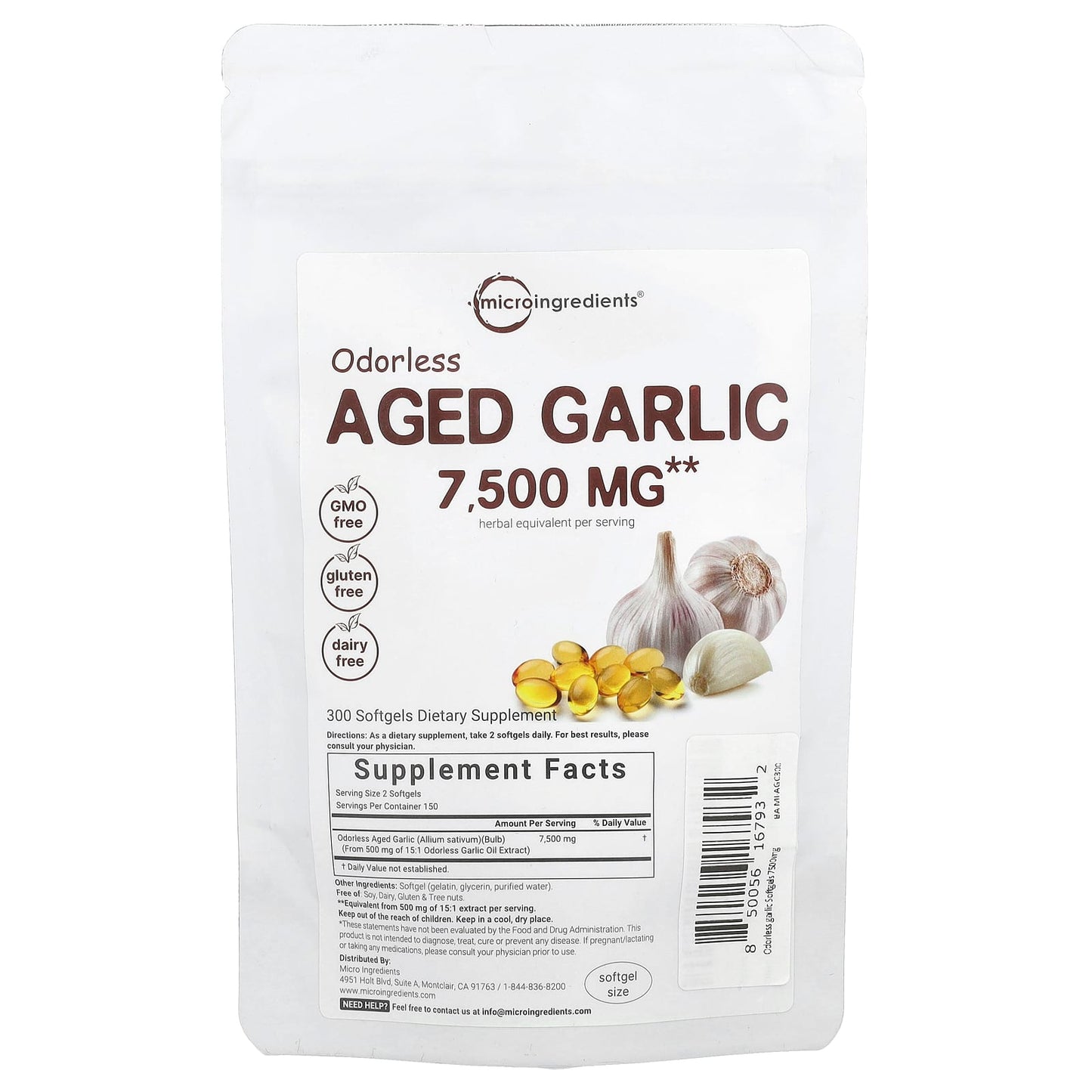 Micro Ingredients, Odorless Aged Garlic, 300 Softgels (3,750 mg per Softgel) - Image 1