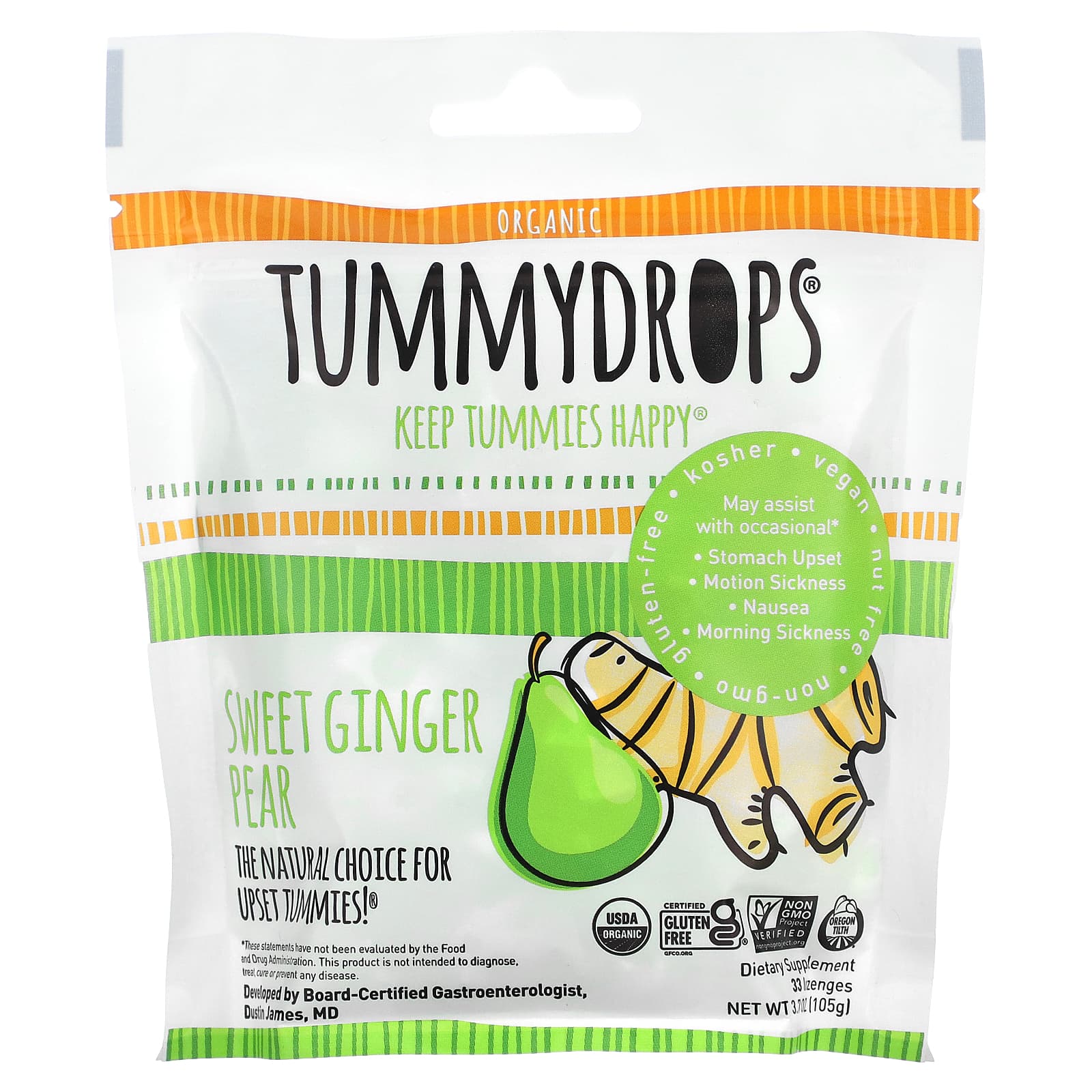 Tummydrops, Organic Sweet Ginger Pear, 33 Lozenges - Image 1