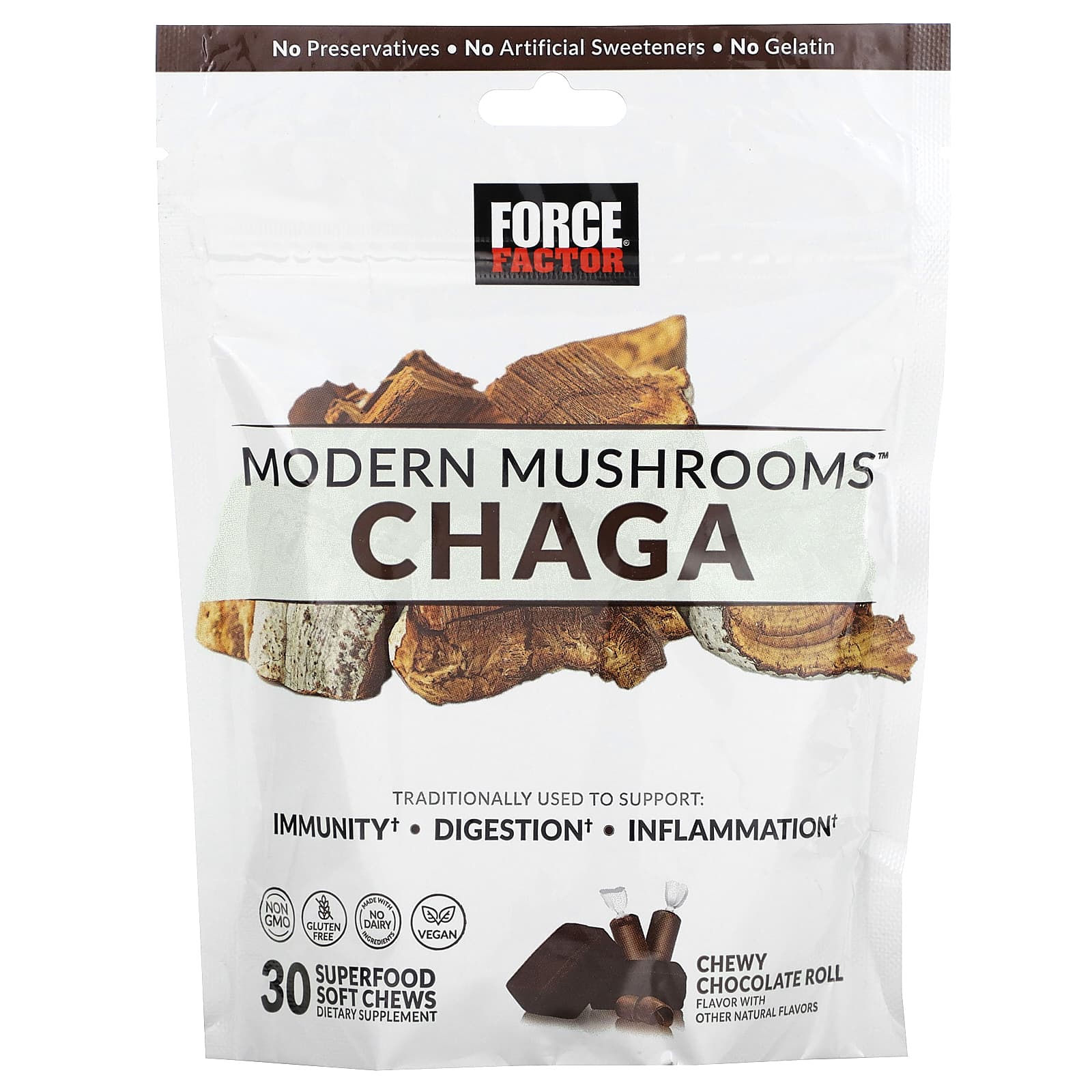Force Factor Modern Mushrooms Chaga Chewy Chocolate Roll, 300mg, 30 Soft Chews - Image 1