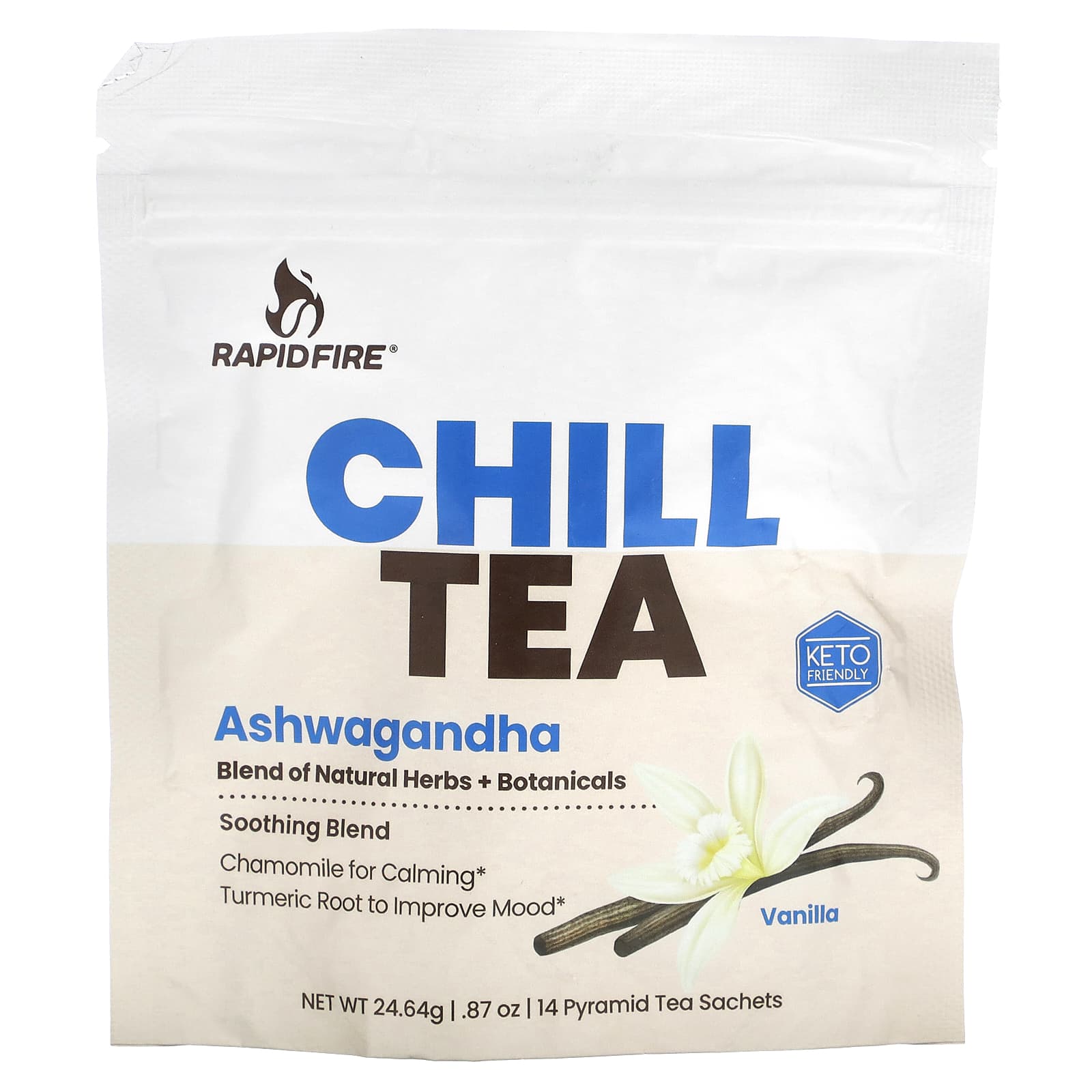 RAPIDFIRE, Chill Tea, Ashwagandha, Vanilla, 14 Pyramid Tea Sachets, 0.87 oz (24.64 g) - Image 1