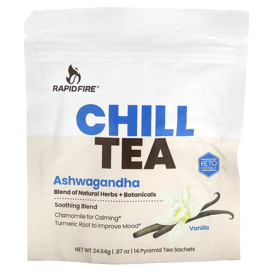 RAPIDFIRE, Chill Tea, Ashwagandha, Vanilla, 14 Pyramid Tea Sachets, 0.87 oz (24.64 g) - Image 1