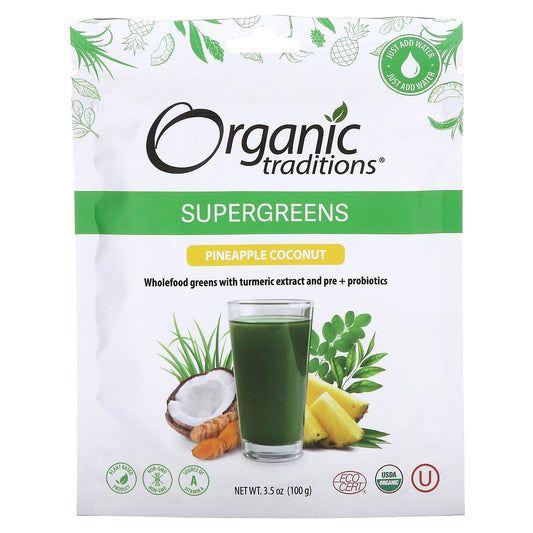 Organic Traditions, Supergreens, Pineapple Coconut, 3.5 oz (100 g) - Image 1