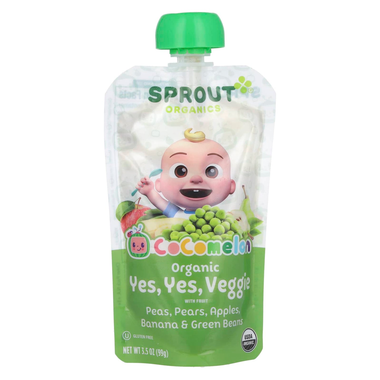 Sprout Organics, Cocomelon, Organic Yes, Yes, Veggie with Fruit, 8 Months and Up, Pea, Pears, Apples, Banana & Green Beans, 3.5 oz (99 g) - Image 1