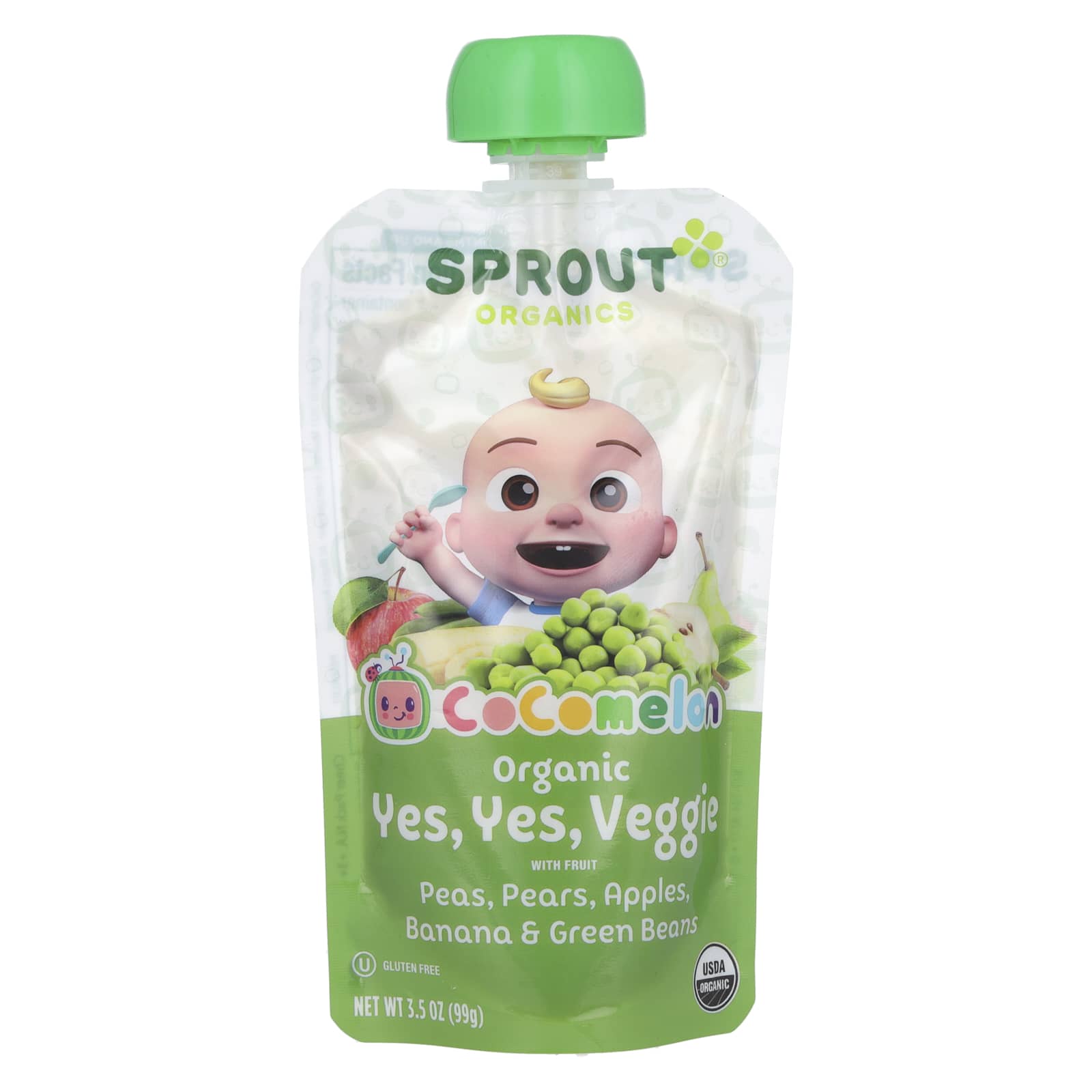 Sprout Organics, Cocomelon, Organic Yes, Yes, Veggie with Fruit, 8 Months and Up, Pea, Pears, Apples, Banana & Green Beans, 3.5 oz (99 g) - Image 1