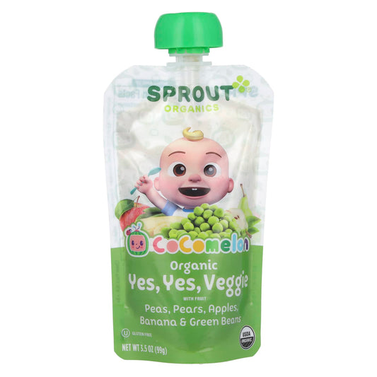 Sprout Organics, Cocomelon, Organic Yes, Yes, Veggie with Fruit, 8 Months and Up, Pea, Pears, Apples, Banana & Green Beans, 3.5 oz (99 g) - Image 1