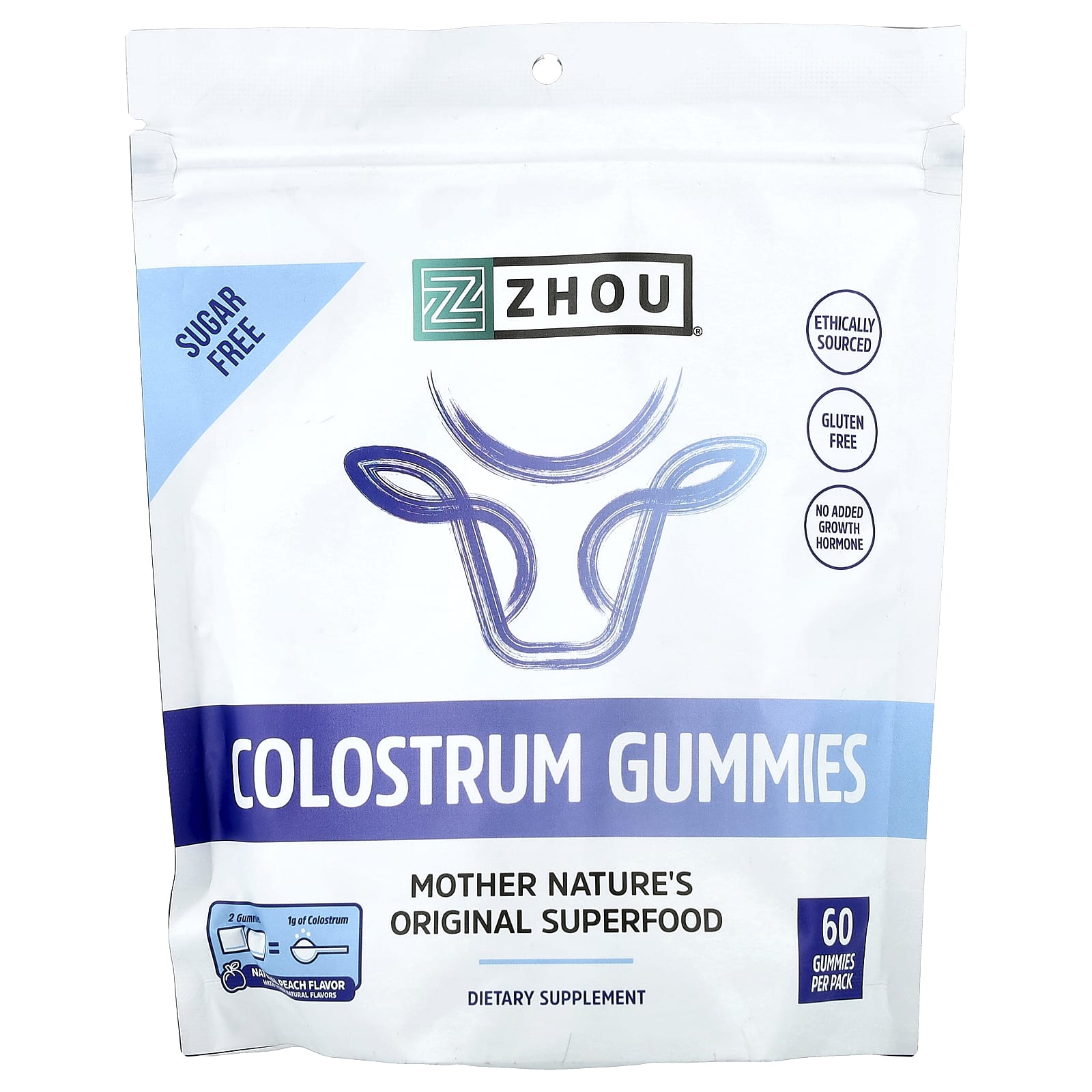 Zhou Nutrition, Colostrum Gummies, Natural Peach , 60 Gummies - Image 1