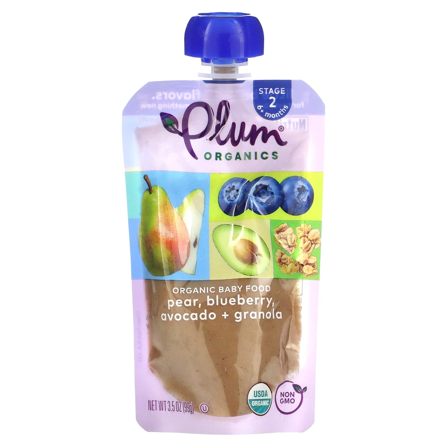 Plum Organics, Organic Baby Food, 6 + Months, Pear, Blueberry, Avocado + Granola , 3.5 oz (99 g) - Image 1