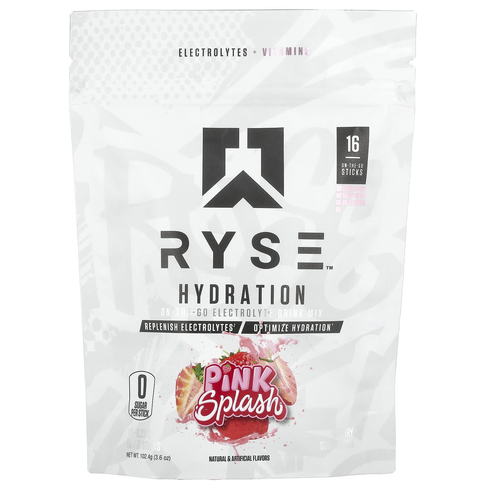 RYSE, Hydration, On-The-Go Electrolyte Drink Mix, Pink Splash, 16 Sticks, 0.23 oz (6.4 g) Each - Image 1