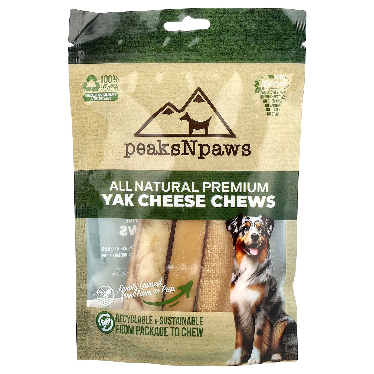 peaksNpaws, All Natural Premium Yak Cheese Chews, Medium, 3 Chews, 7.5 oz - Image 1