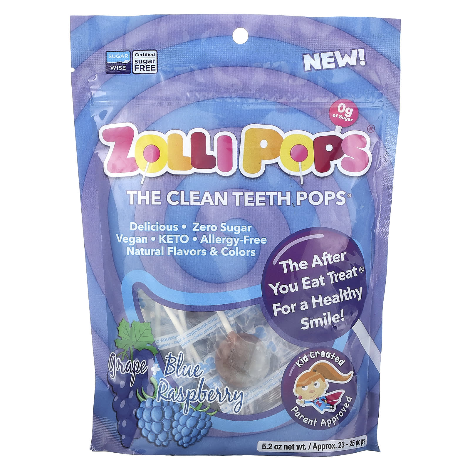Zollipops, The Clean Teeth Pops, Grape + Blue Raspberry, Approx. 23-25 pops, 5.2 oz - Image 1