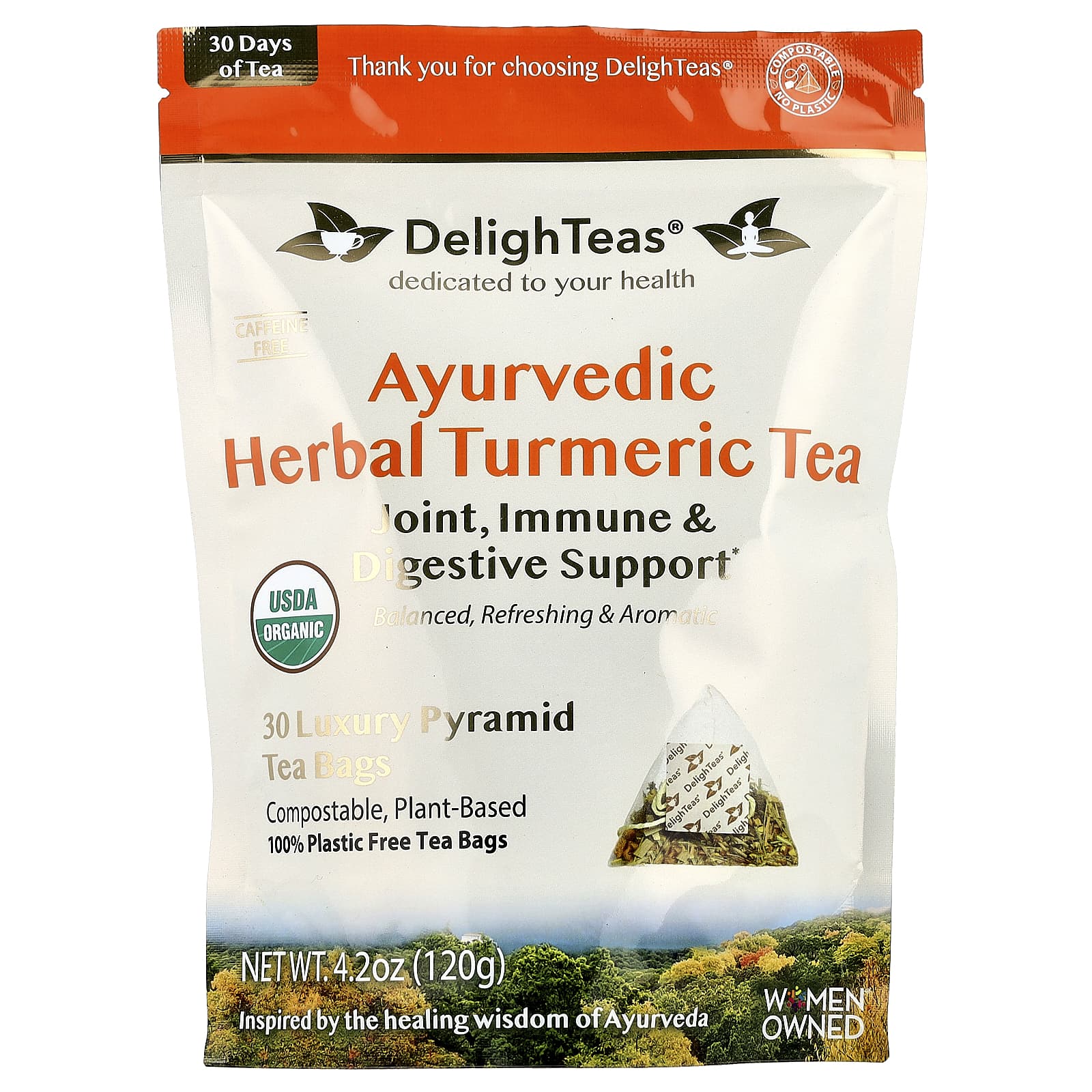 DelighTeas, Ayurvedic Herbal Turmeric Tea, Caffeine Free, 30 Luxury Pyramid Tea Bags, 4.2 oz (120 g)