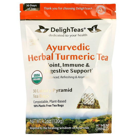 DelighTeas, Ayurvedic Herbal Turmeric Tea, Caffeine Free, 30 Luxury Pyramid Tea Bags, 4.2 oz (120 g)