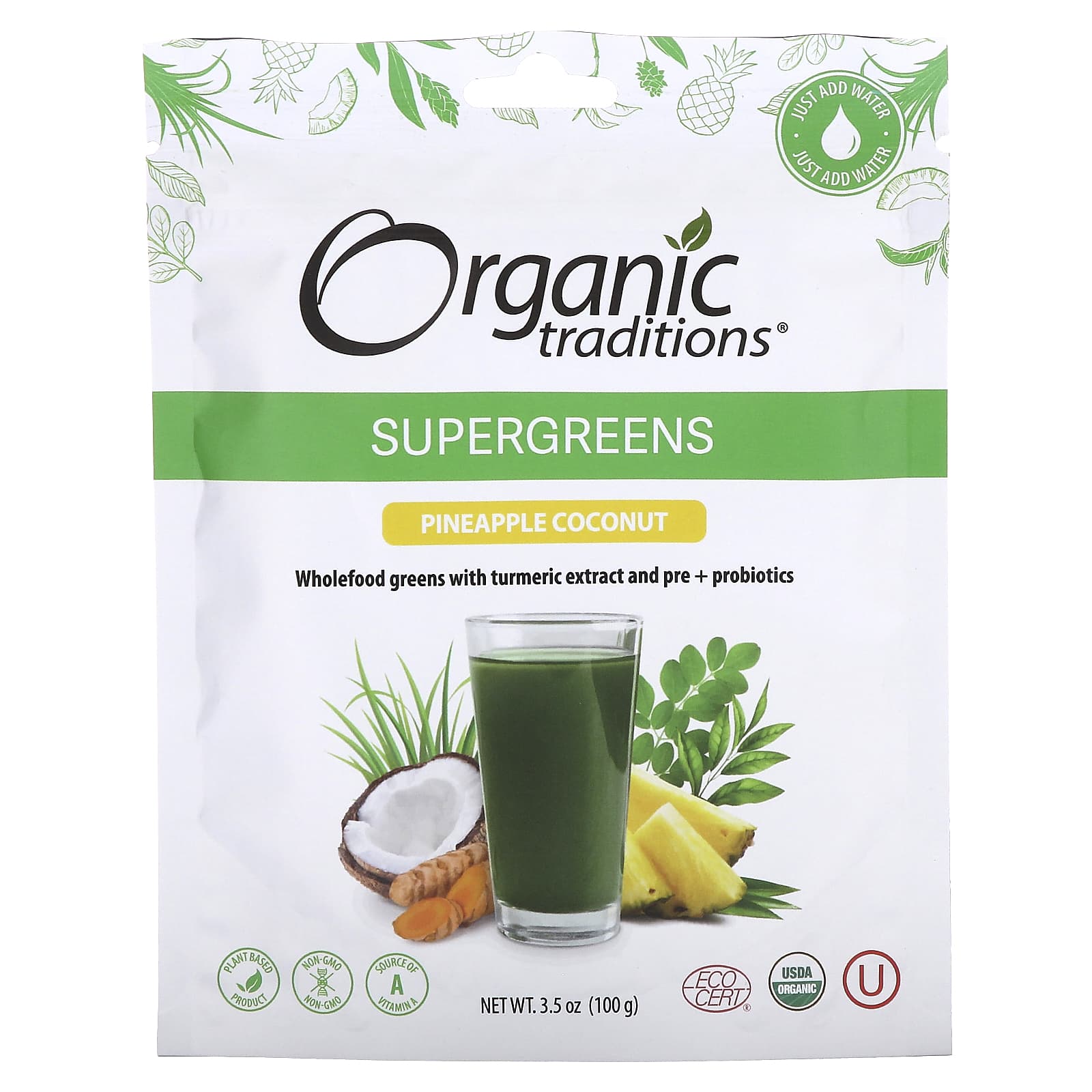 Organic Traditions, Supergreens, Pineapple Coconut, 3.5 oz (100 g) - Image 1