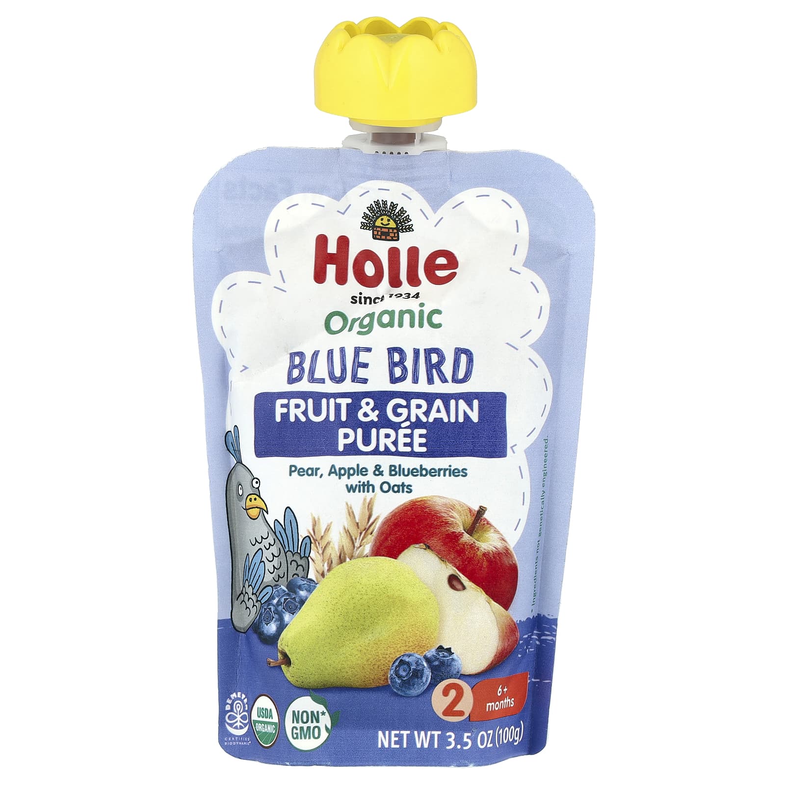 Holle Organic Baby Food Puree for 6+ Months, Pear Apple Blueberry Oats - Image 1