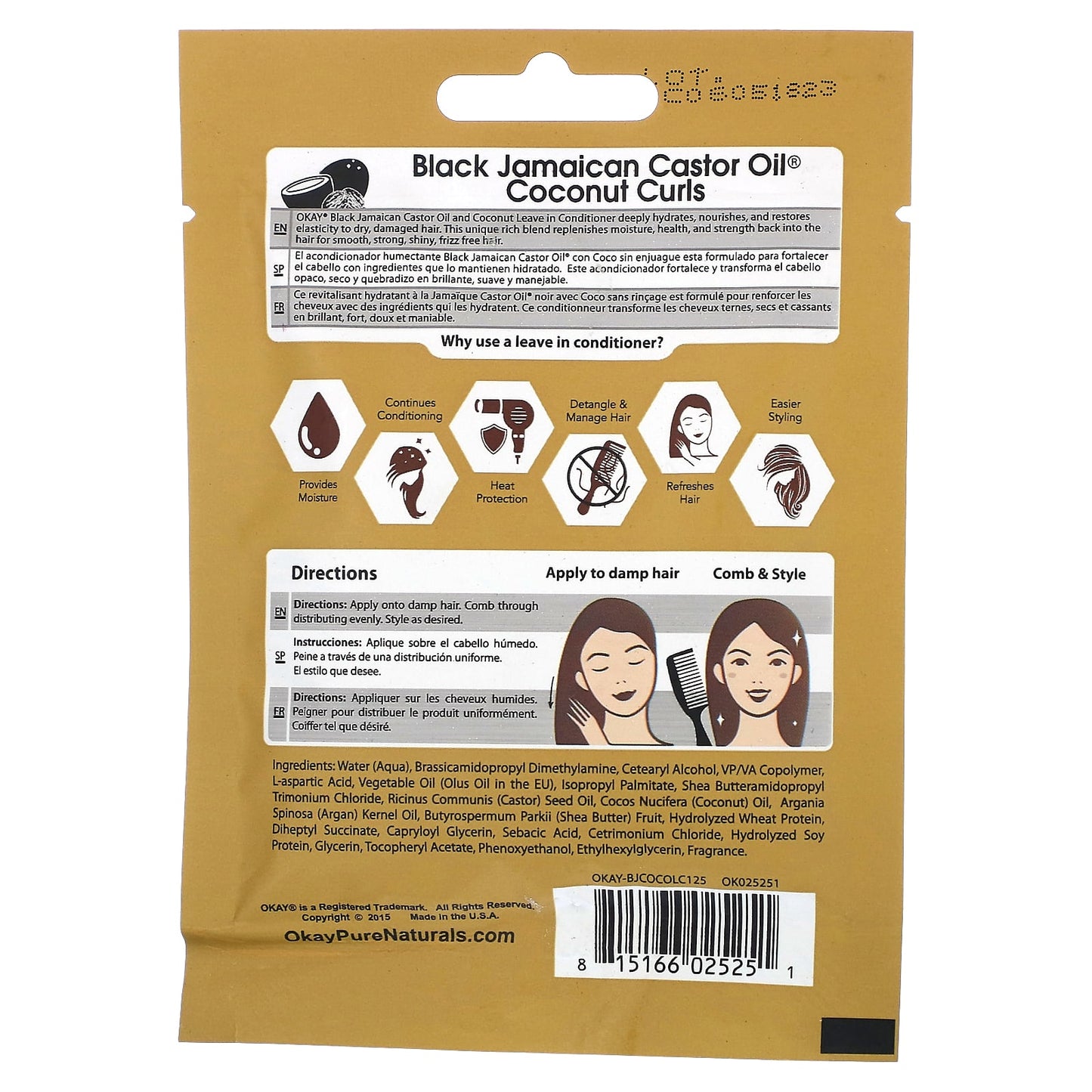 Okay Pure Naturals, Black Jamaican Castor Oil, Coconut Curls, Leave in Deep Conditioner, 1.25 fl oz (37 ml) - Image 2