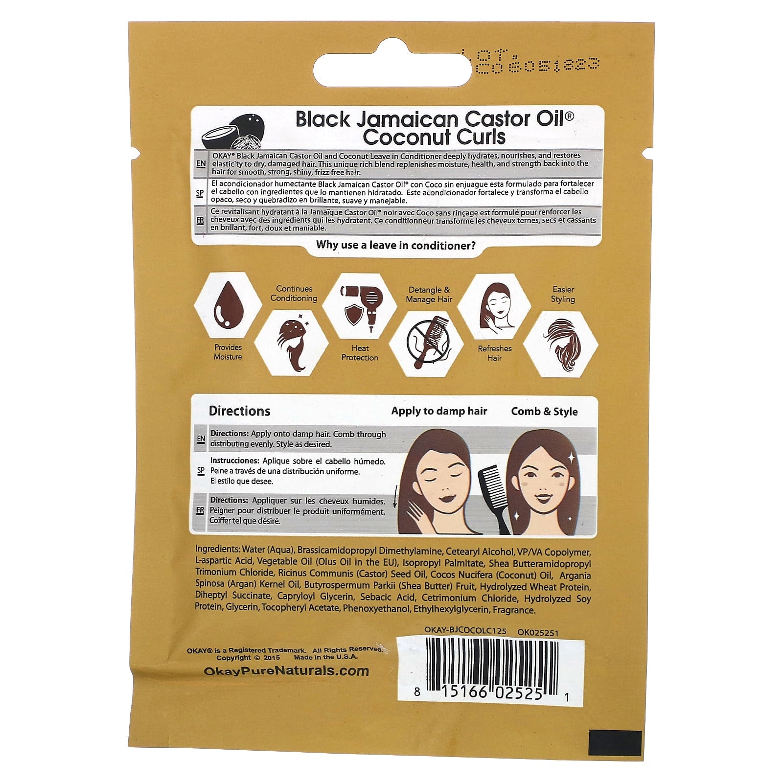 Okay Pure Naturals, Black Jamaican Castor Oil, Coconut Curls, Leave in Deep Conditioner, 1.25 fl oz (37 ml) - Image 2