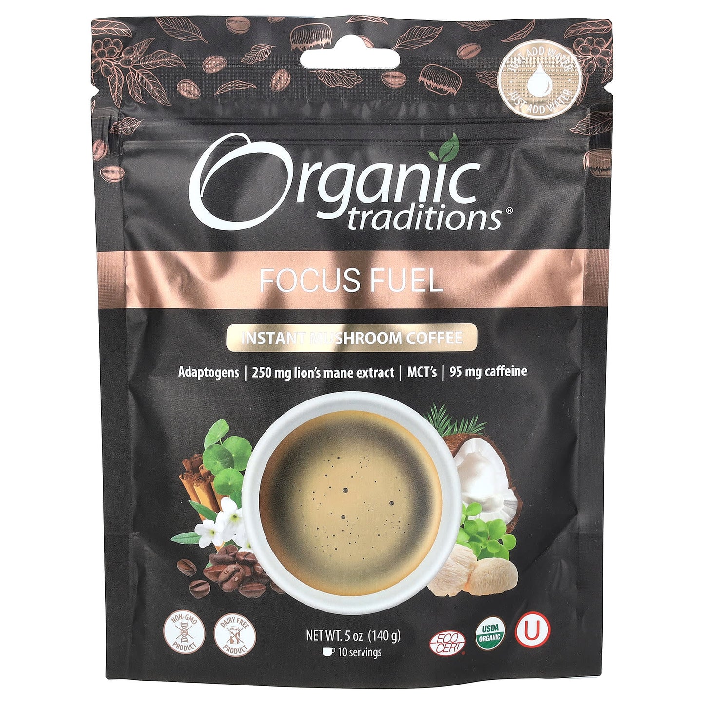 Organic Traditions, Instant Mushroom Coffee, Focus Fuel, 5 oz (140 g) - Image 1