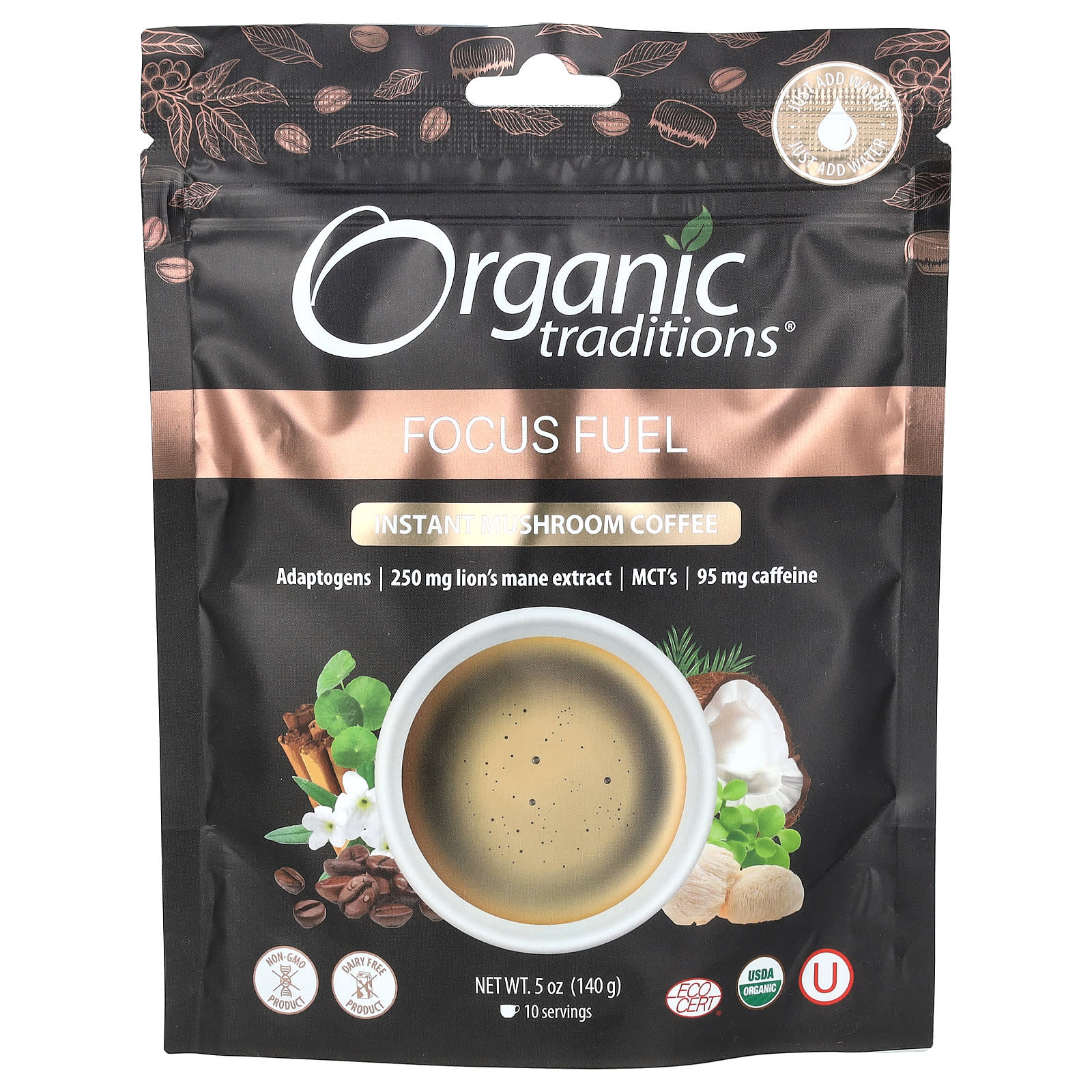 Organic Traditions, Instant Mushroom Coffee, Focus Fuel, 5 oz (140 g) - Image 1