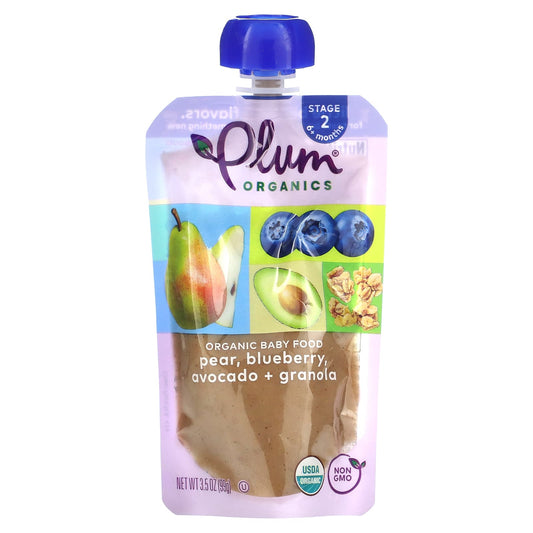 Plum Organics, Organic Baby Food, 6 + Months, Pear, Blueberry, Avocado + Granola , 3.5 oz (99 g) - Image 1