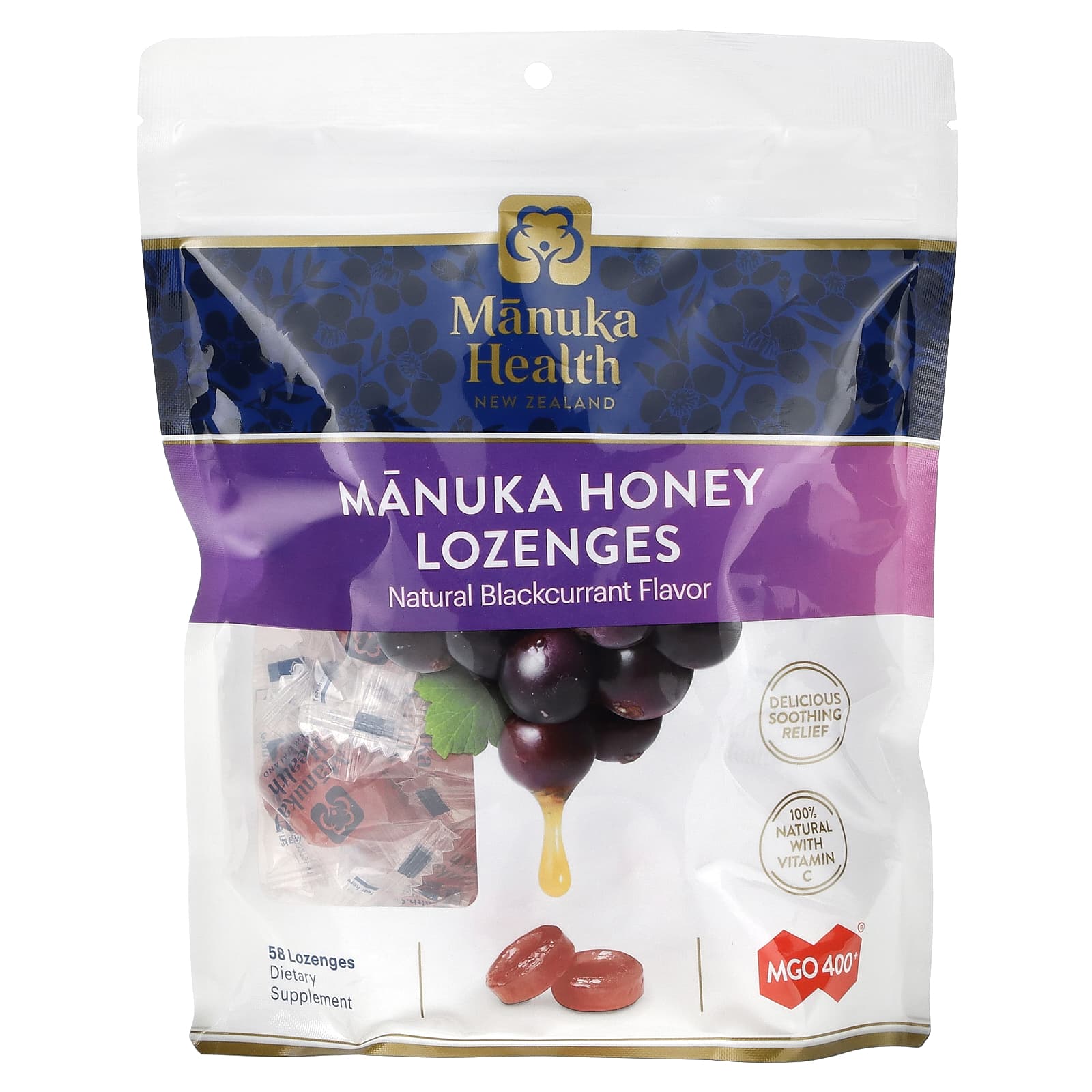 Manuka Health, Manuka Honey Lozenges, Natural Blackcurrant, MGO 400+, 58 Lozenges - Image 1