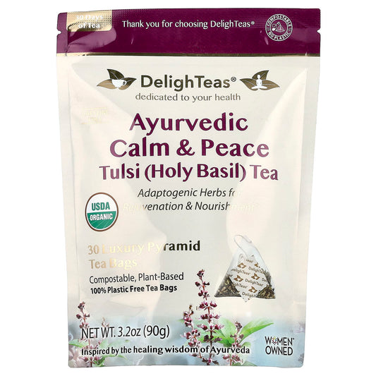 Calm & Peace Tulsi Tea - USDA Organic, Caffeine Free, 30 Pyramid Bags - Image 1