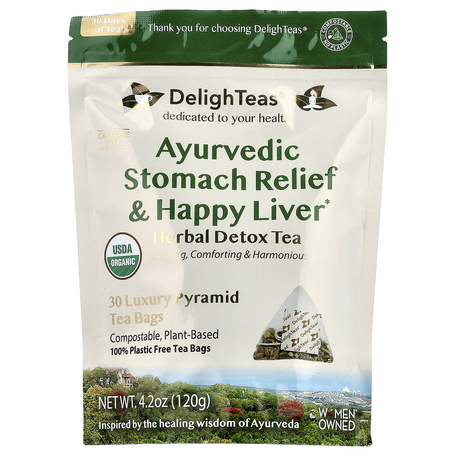 DelighTeas, Ayurvedic Stomach Relief & Happy Liver, Herbal Detox Tea, Caffeine Free, 30 Luxury Pyramid Tea Bags, 4.2 oz (120 g)